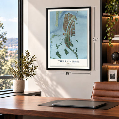 Tierra Verde, Florida map, 18 x 24 inch print in a black frame in a home office