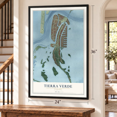 Tierra Verde, Florida map, 24 x 36 inch print in a black frame by a staircase