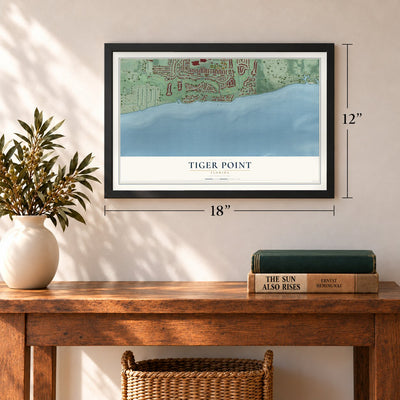 Tiger Point, Florida map, 12 x 18 inch print in a black frame in an entryway
