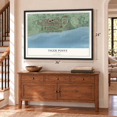 Tiger Point, Florida map, 24 x 36 inch print in a black frame above a dresser by a staircase