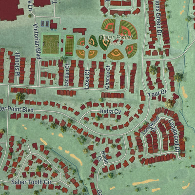 Close-up of the map of Tiger Point, Florida print showing street and building detail