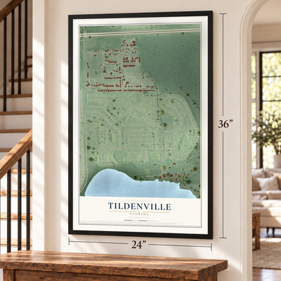 Tildenville, Florida map, 24 x 36 inch print in a black frame by a staircase