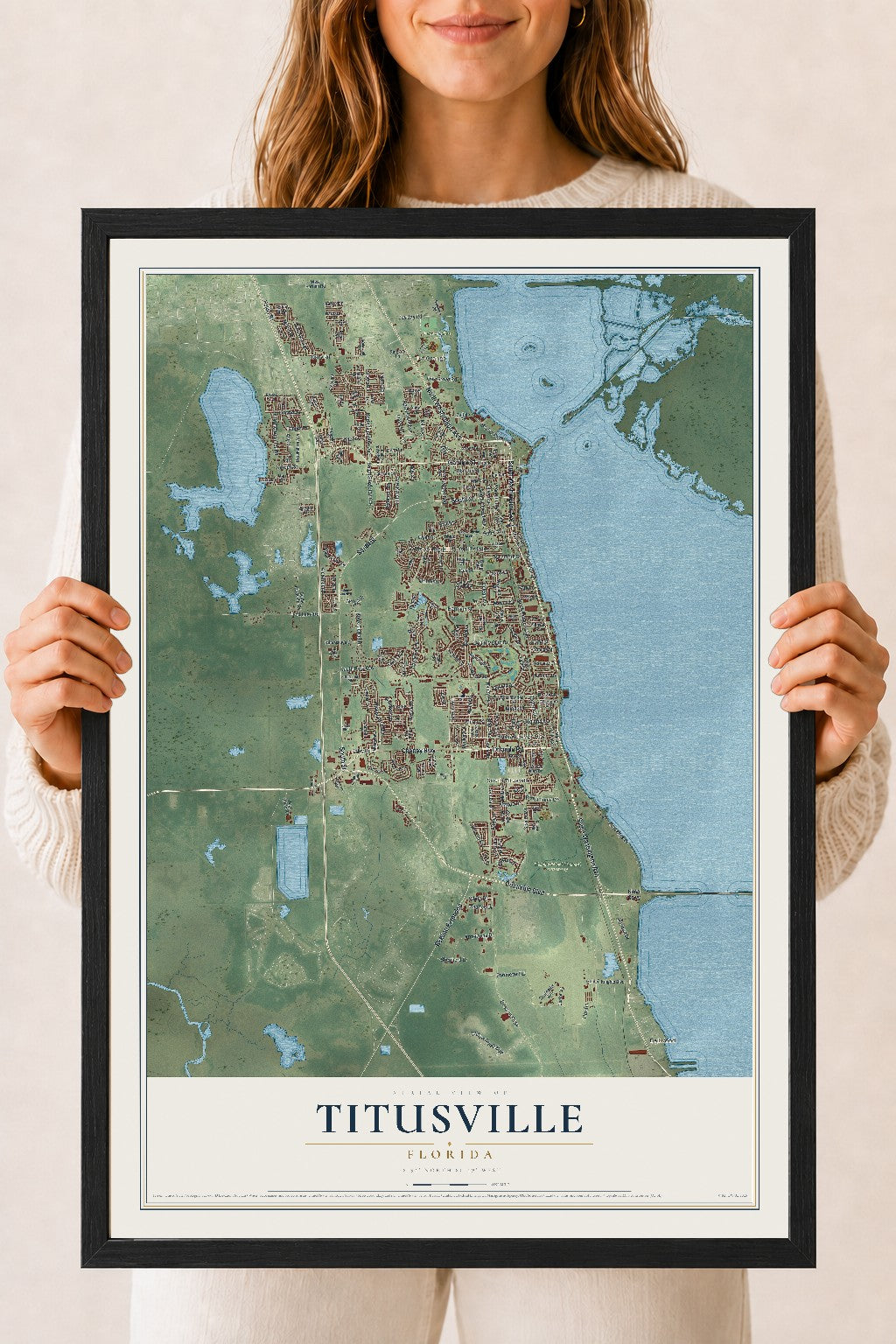 Titusville, Florida map print, 18" x 24" W/ Black Ayous Wood Frame mockup
