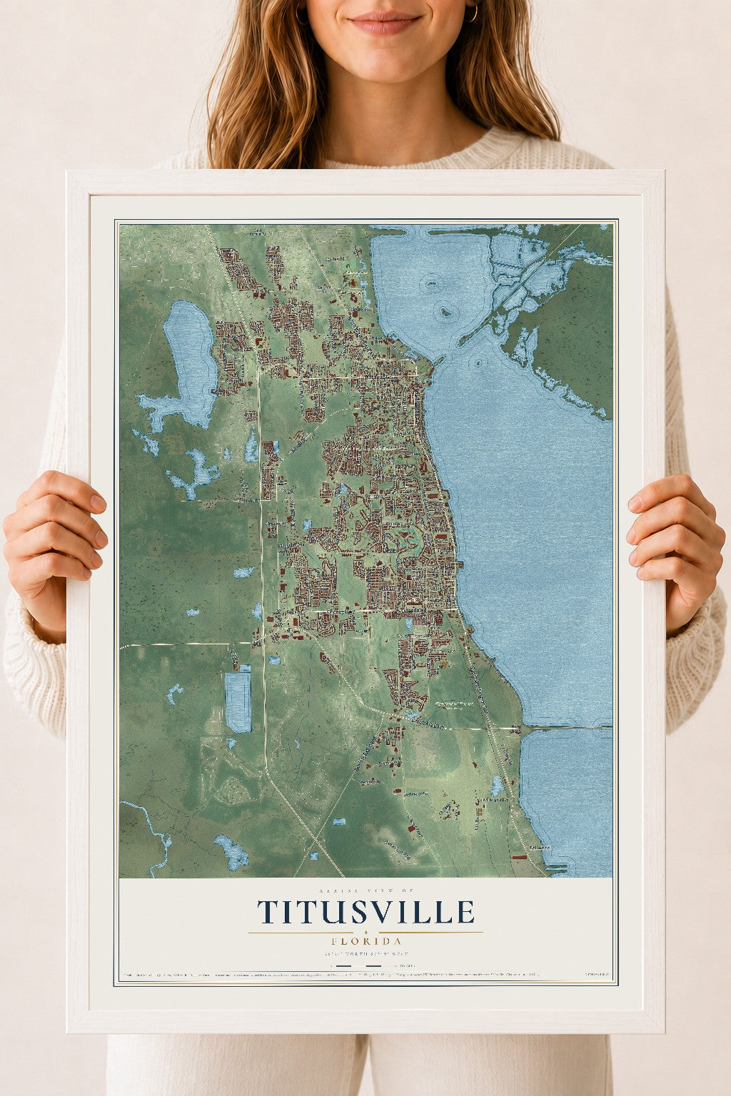 Titusville, Florida map print, 18" x 24" W/ White Ayous Wood Frame mockup