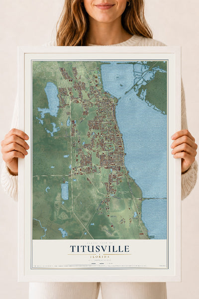 Titusville, Florida map print, 18" x 24" W/ White Ayous Wood Frame mockup