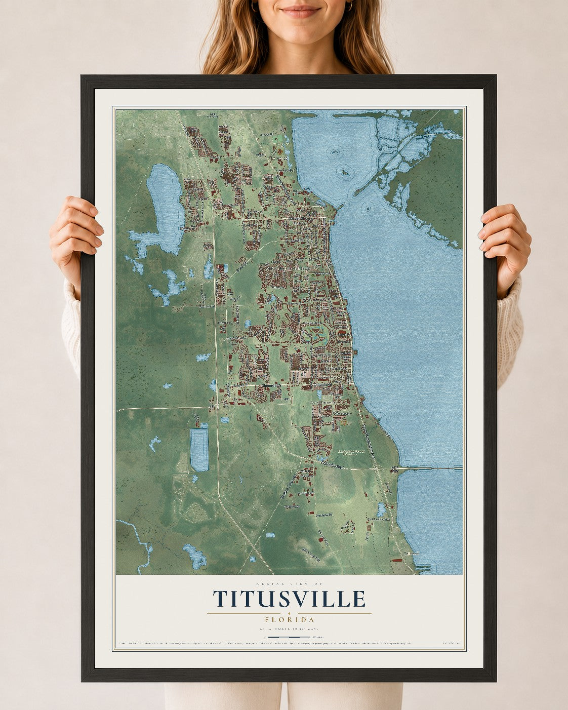 Titusville, Florida map print, 24" x 36" W/ Black Ayous Wood Frame mockup