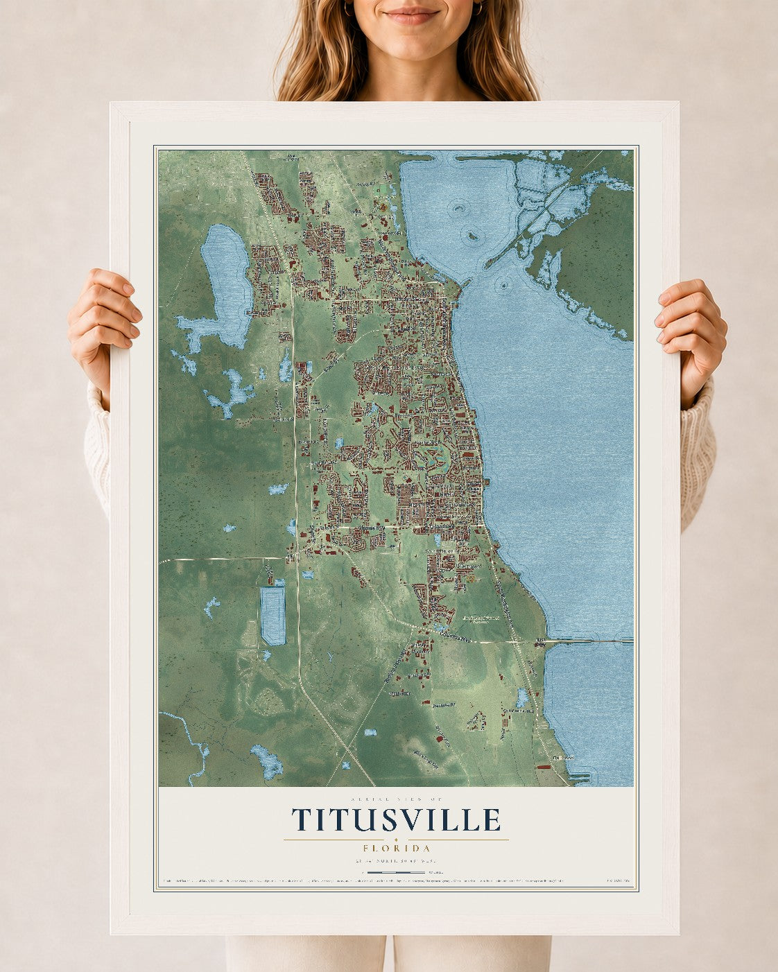 Titusville, Florida map print, 24" x 36" W/ White Ayous Wood Frame mockup