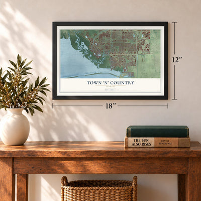 Town 'n' Country, Florida map, 12 x 18 inch print in a black frame in an entryway