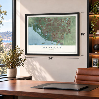 Town 'n' Country, Florida map, 18 x 24 inch print in a black frame in a home office