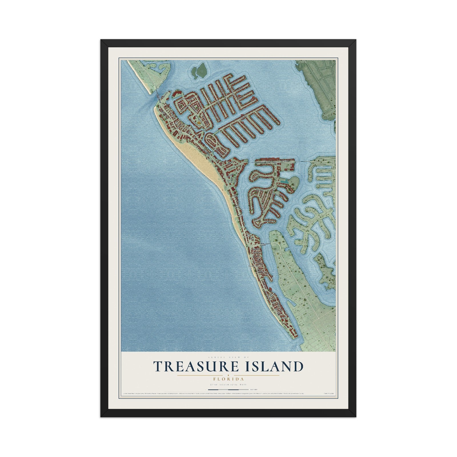 Treasure Island, Florida map print, 12" x 18" W/ Black Ayous Wood Frame mockup