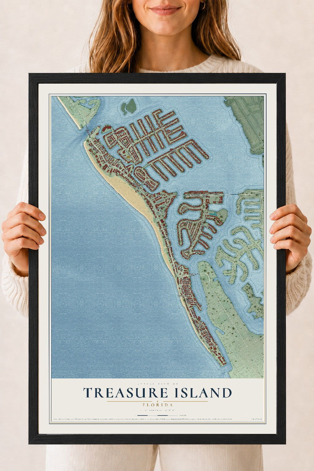 Treasure Island, Florida map print, 18" x 24" W/ Black Ayous Wood Frame mockup