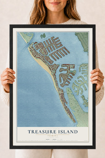Treasure Island, Florida map print, 18" x 24" W/ Black Ayous Wood Frame mockup