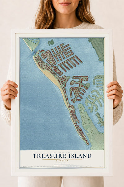 Treasure Island, Florida map print, 18" x 24" W/ White Ayous Wood Frame mockup