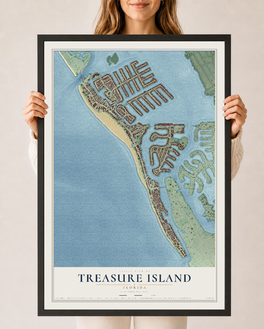 Treasure Island, Florida map print, 24" x 36" W/ Black Ayous Wood Frame mockup