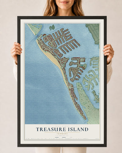 Treasure Island, Florida map print, 24" x 36" W/ Black Ayous Wood Frame mockup