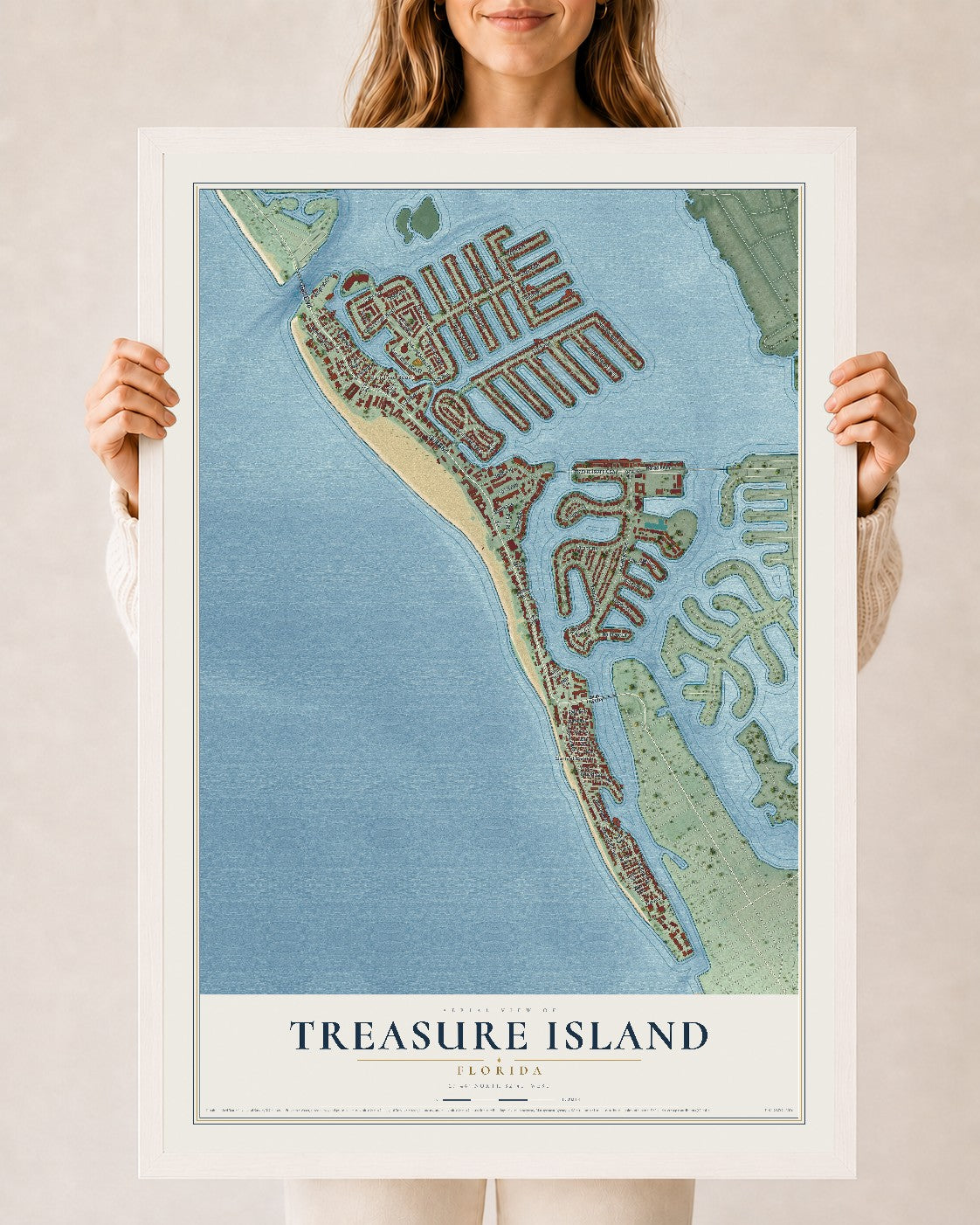 Treasure Island, Florida map print, 24" x 36" W/ White Ayous Wood Frame mockup