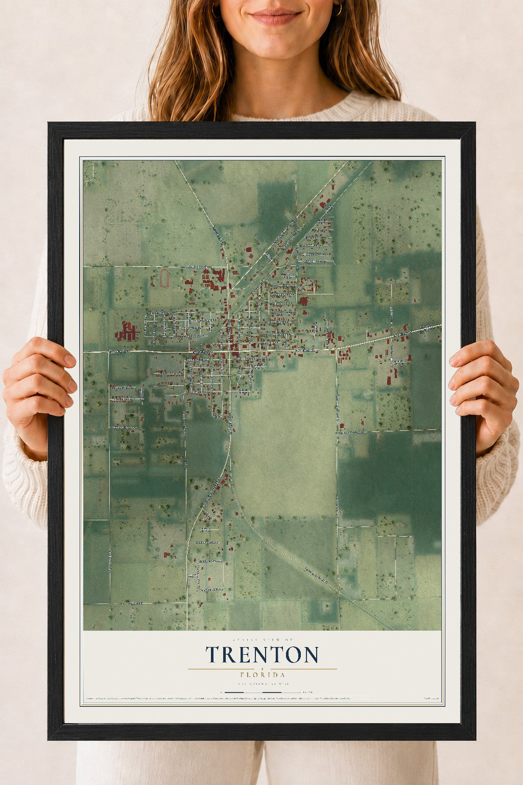 Trenton, Florida map print, 18" x 24" W/ Black Ayous Wood Frame mockup
