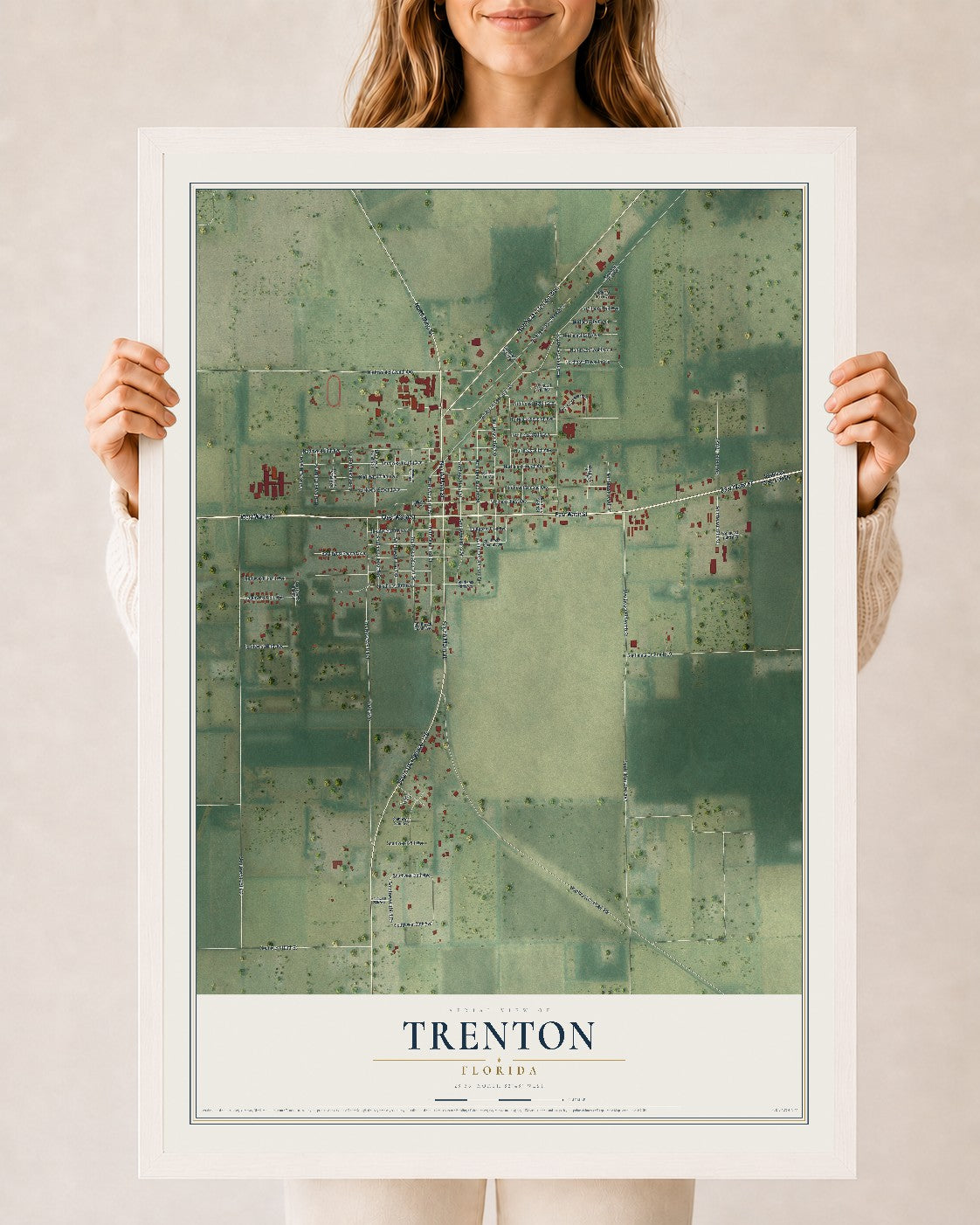 Trenton, Florida map print, 24" x 36" W/ White Ayous Wood Frame mockup