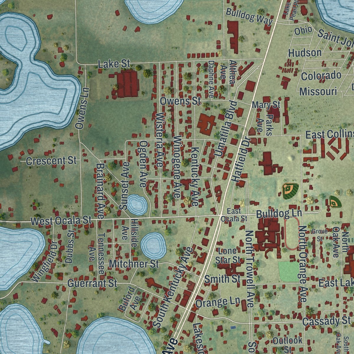 Close-up 1 of the Umatilla, Florida map artwork