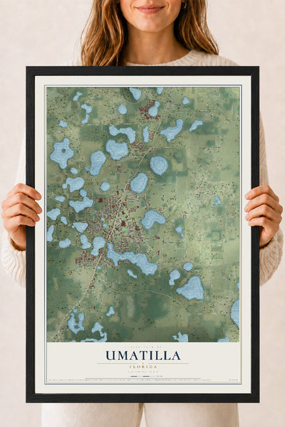 Umatilla, Florida map print, 18" x 24" W/ Black Ayous Wood Frame mockup
