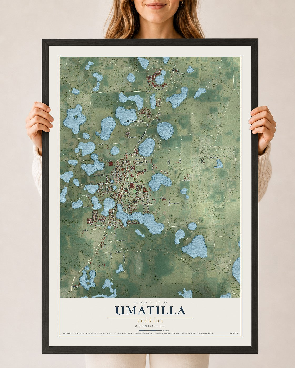Umatilla, Florida map print, 24" x 36" W/ Black Ayous Wood Frame mockup