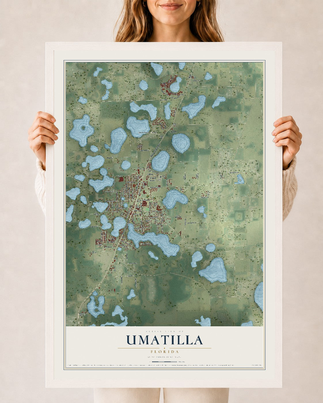 Umatilla, Florida map print, 24" x 36" W/ White Ayous Wood Frame mockup