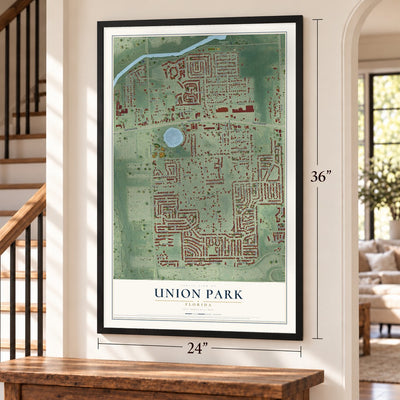 Union Park, Florida map, 24 x 36 inch print in a black frame by a staircase