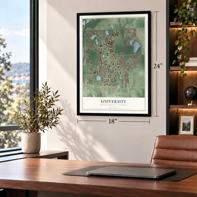 University, Orange County, Florida map, 18 x 24 inch print in a black frame in a home office