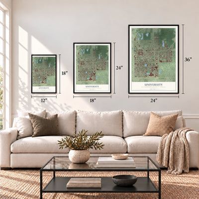 University, Hillsborough County, Florida map in 12 x 18, 18 x 24 and 24 x 36 inch sizes above a sofa