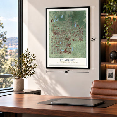 University, Hillsborough County, Florida map, 18 x 24 inch print in a black frame in a home office