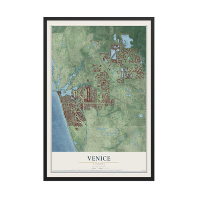 Venice, Florida map print, 12" x 18" W/ Black Ayous Wood Frame mockup