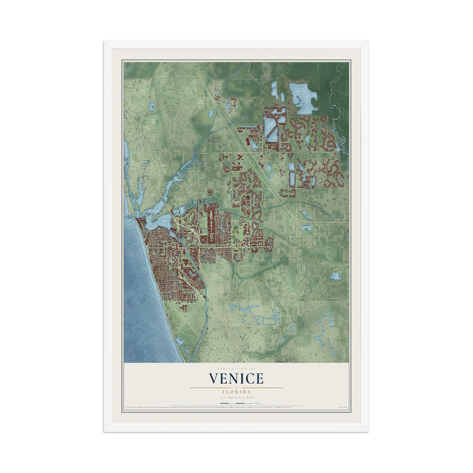 Venice, Florida map print, 12" x 18" W/ White Ayous Wood Frame mockup