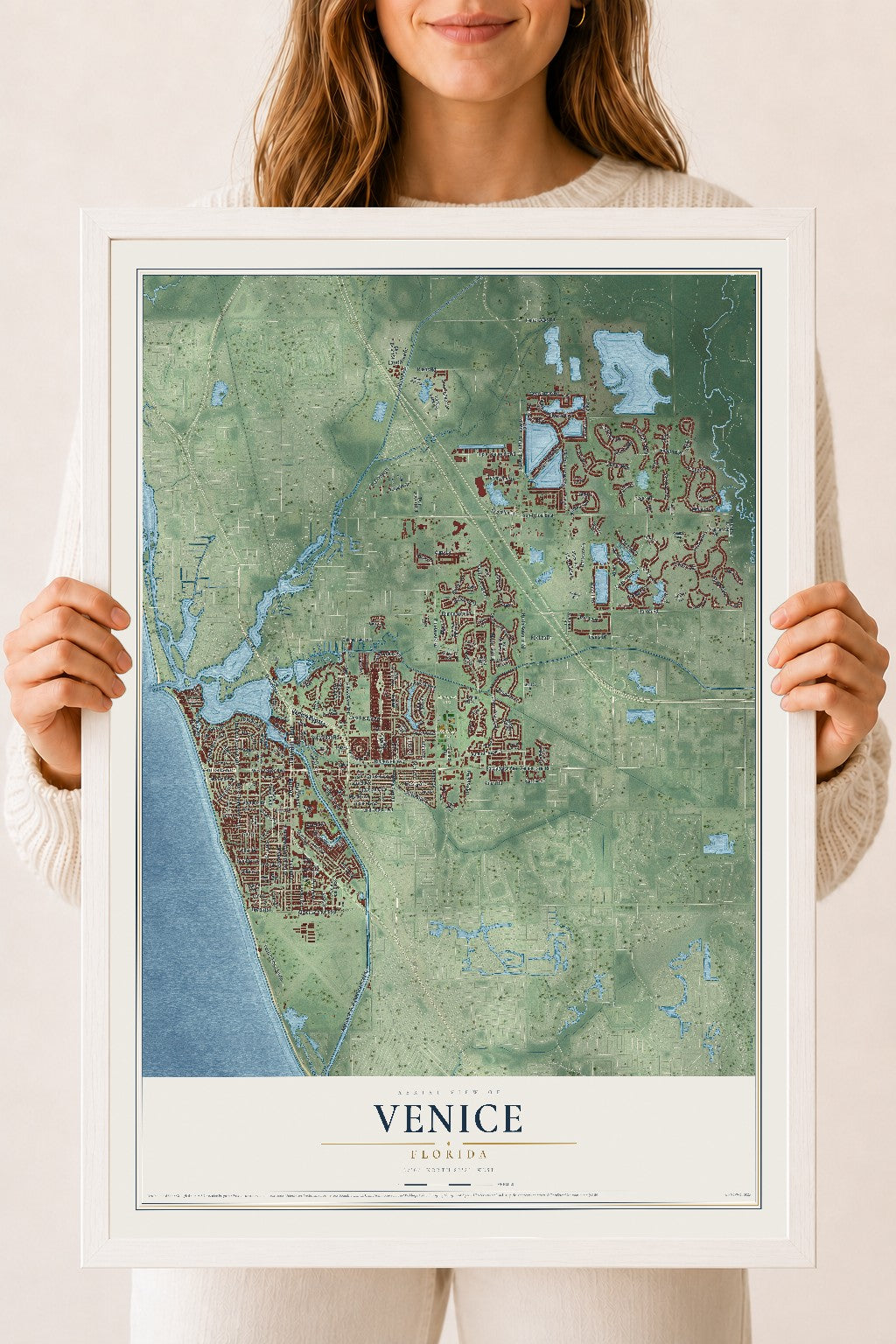 Venice, Florida map print, 18" x 24" W/ White Ayous Wood Frame mockup
