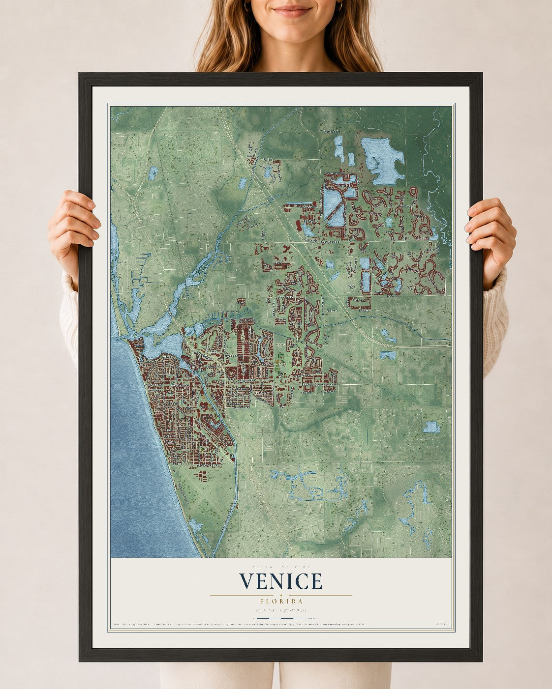 Venice, Florida map print, 24" x 36" W/ Black Ayous Wood Frame mockup