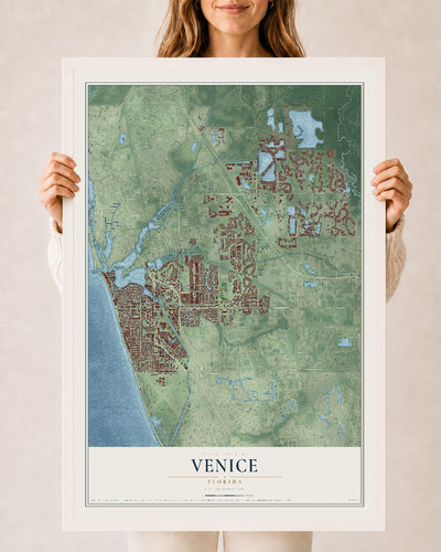 Venice, Florida map print, 24" x 36" W/ White Ayous Wood Frame mockup