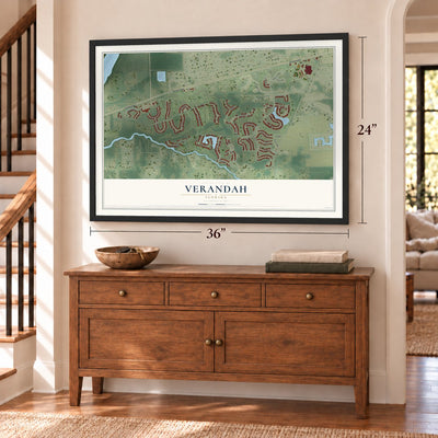 Verandah, Florida map, 24 x 36 inch print in a black frame above a dresser by a staircase