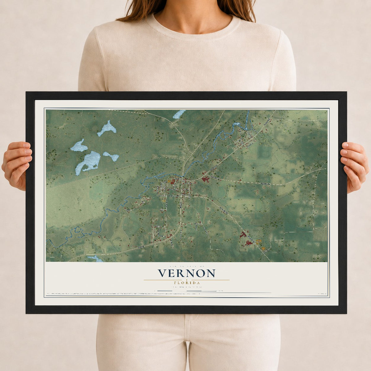 Vernon, Florida map print, 12" x 18" W/ Black Ayous Wood Frame mockup