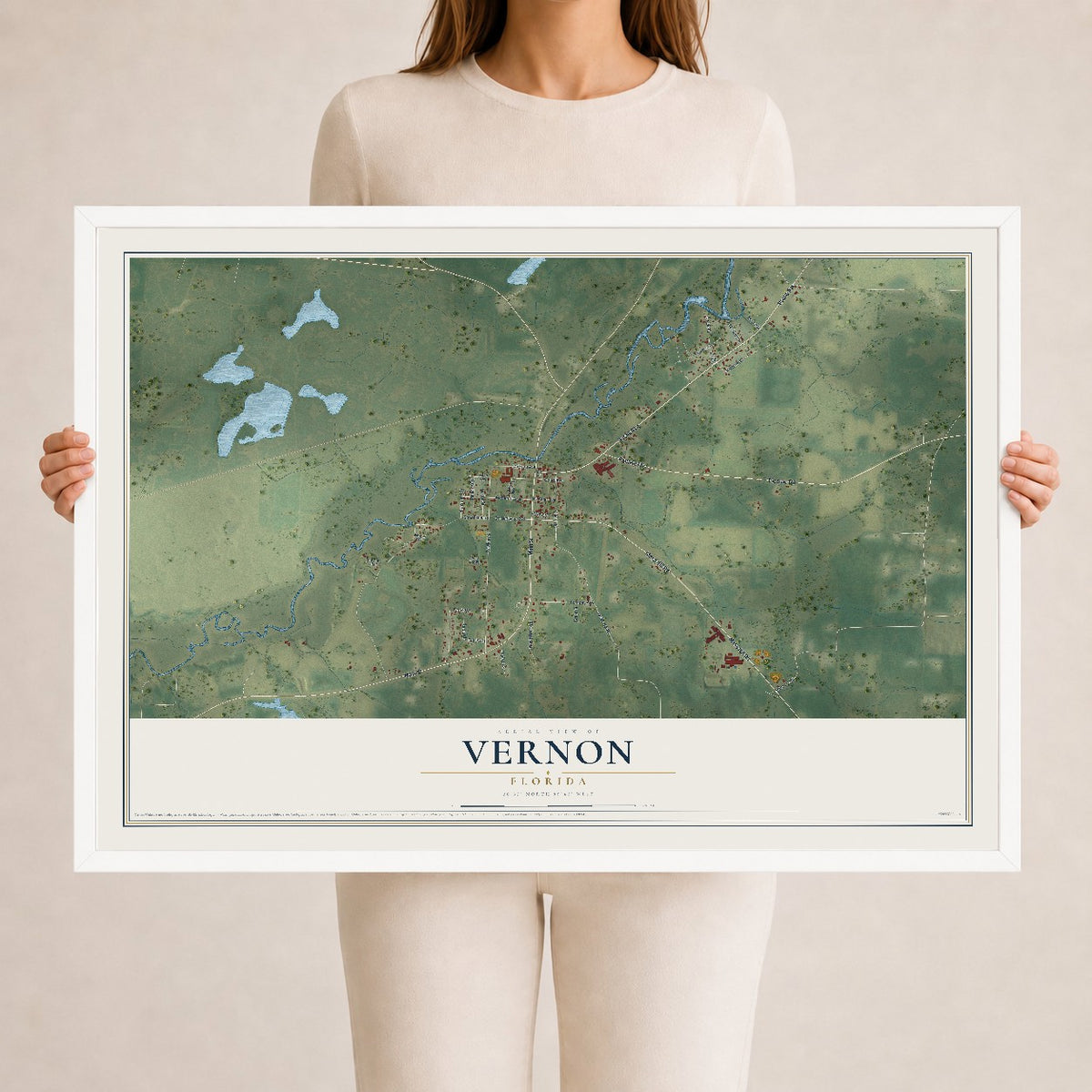 Vernon, Florida map print, 24" x 36" W/ White Ayous Wood Frame mockup