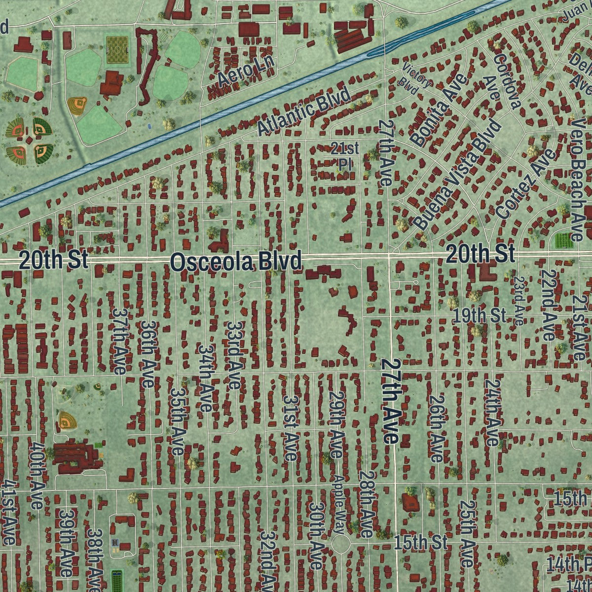 Close-up 1 of the Vero Beach, Florida map artwork