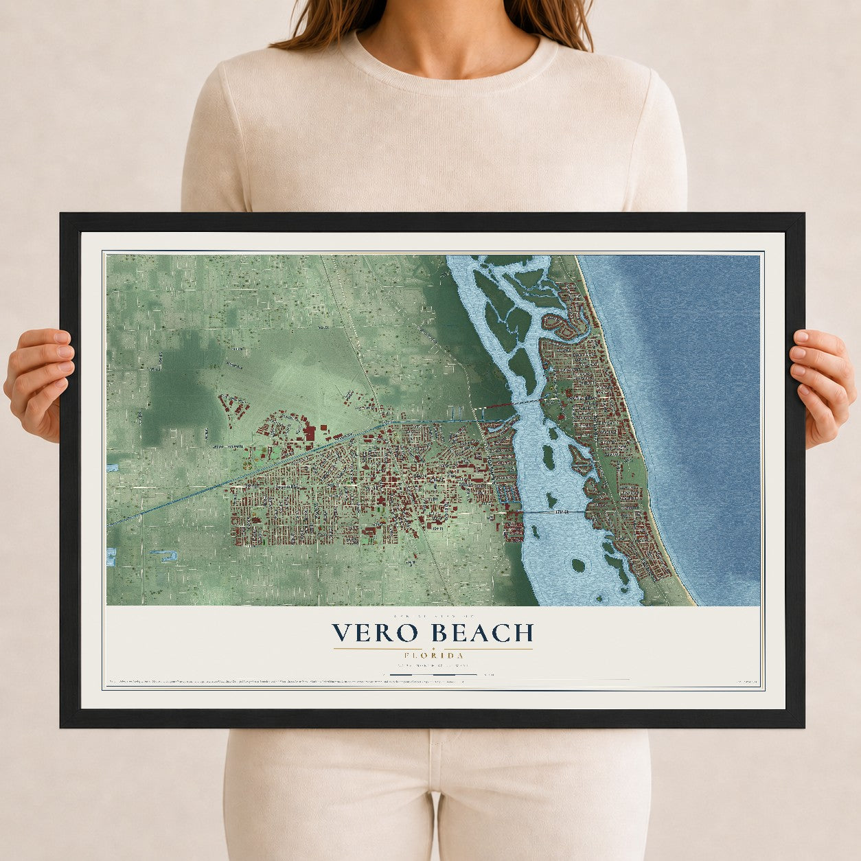 Vero Beach, Florida map print, 12" x 18" W/ Black Ayous Wood Frame mockup