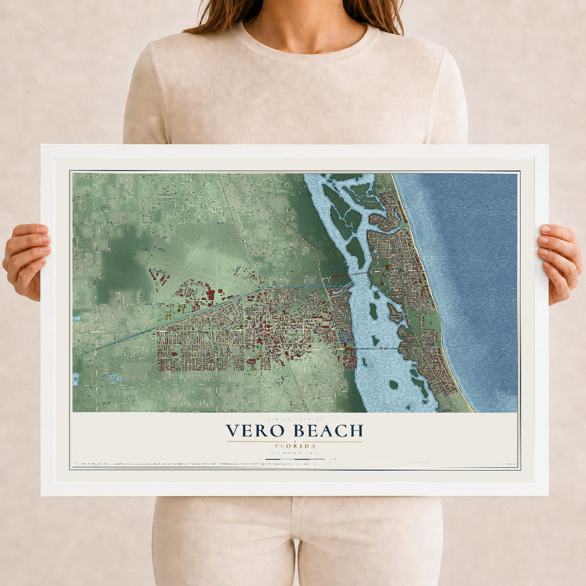 Vero Beach, Florida map print, 12" x 18" W/ White Ayous Wood Frame mockup