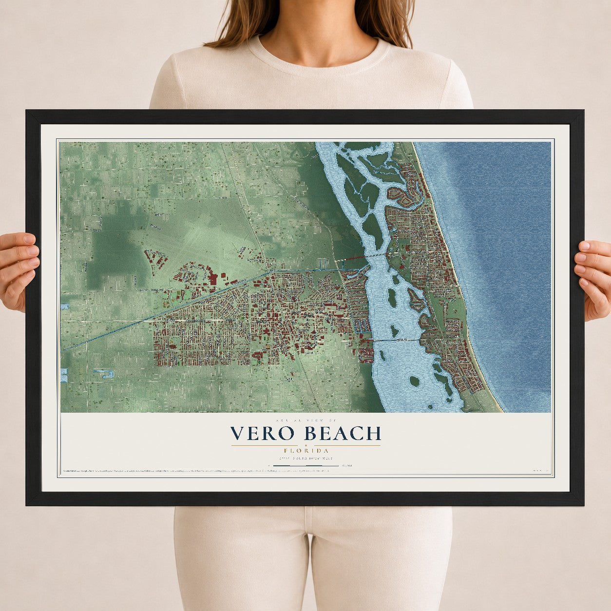 Vero Beach, Florida map print, 18" x 24" W/ Black Ayous Wood Frame mockup