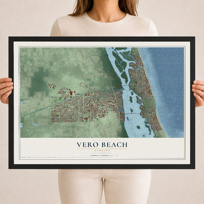 Vero Beach, Florida map print, 18" x 24" W/ Black Ayous Wood Frame mockup