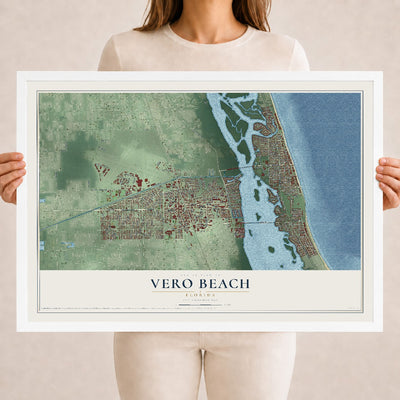 Vero Beach, Florida map print, 18" x 24" W/ White Ayous Wood Frame mockup
