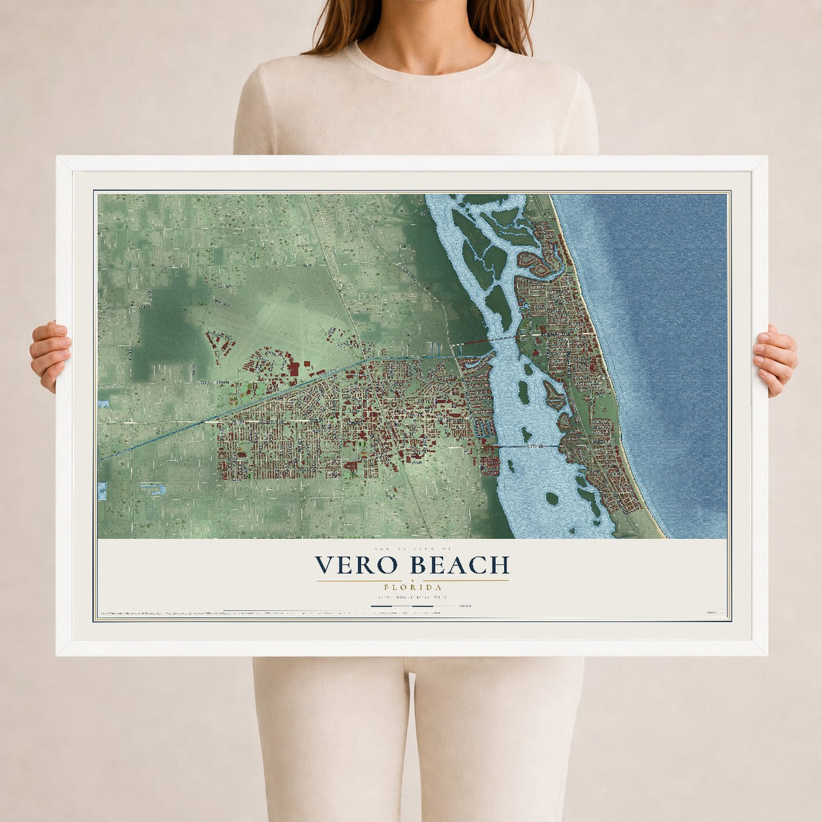 Vero Beach, Florida map print, 24" x 36" W/ White Ayous Wood Frame mockup