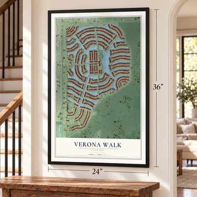 Verona Walk, Florida map, 24 x 36 inch print in a black frame by a staircase