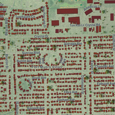 Close-up of the map of Villas, Florida print showing street and building detail