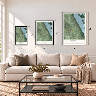 Wabasso, Florida map in 12 x 18, 18 x 24 and 24 x 36 inch sizes above a sofa