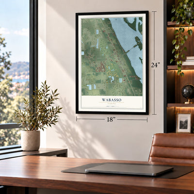Wabasso, Florida map, 18 x 24 inch print in a black frame in a home office