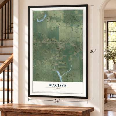 Wacissa, Florida map, 24 x 36 inch print in a black frame by a staircase